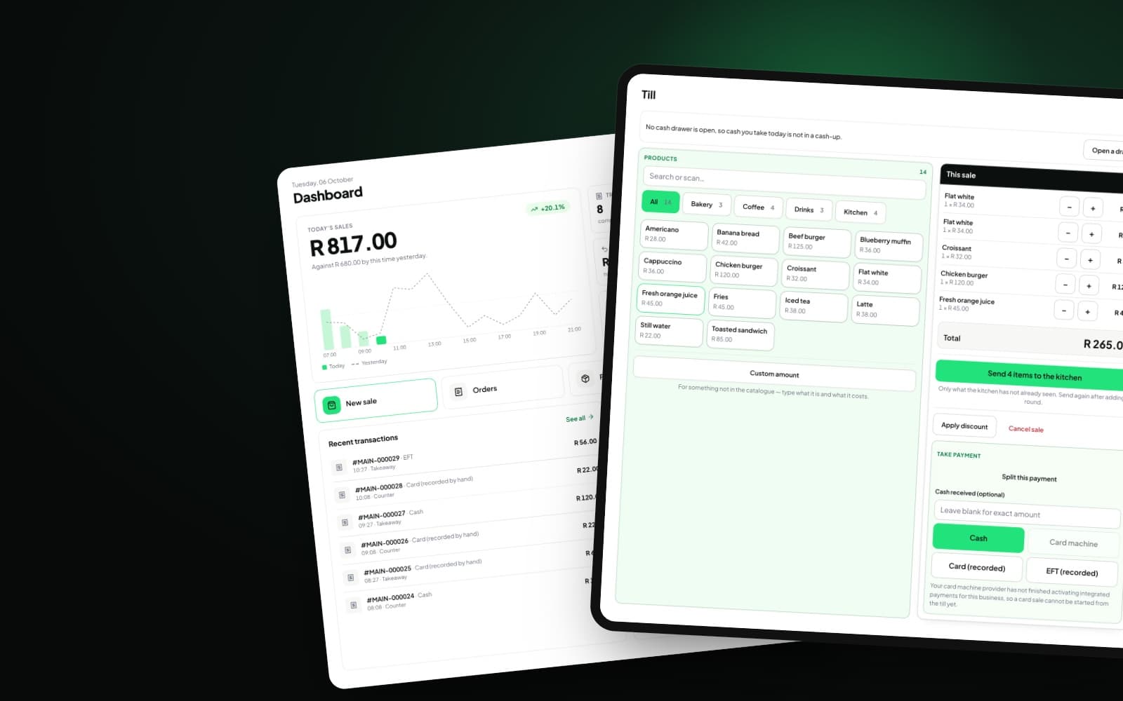 The BAG till and the BAG trading dashboard, shown with a demonstration café's sales, on a dark green background.