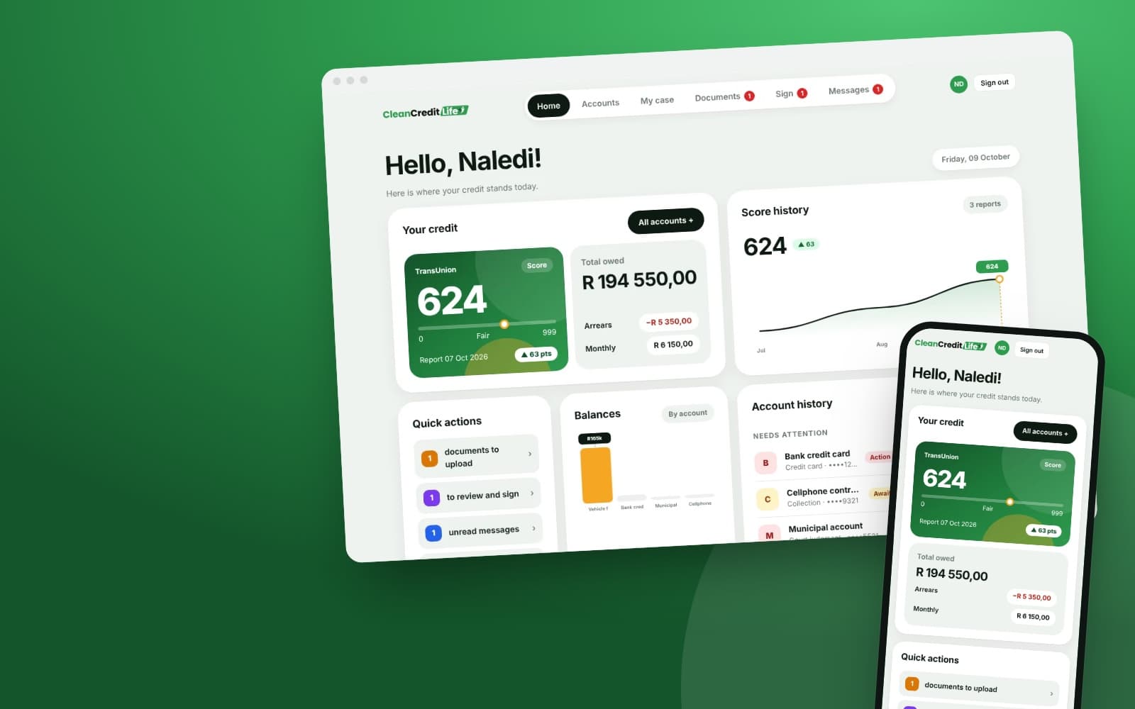 The Clean Credit Life client portal on a laptop and a phone, showing a sample client's credit score, amount owed and quick actions, on a green background.