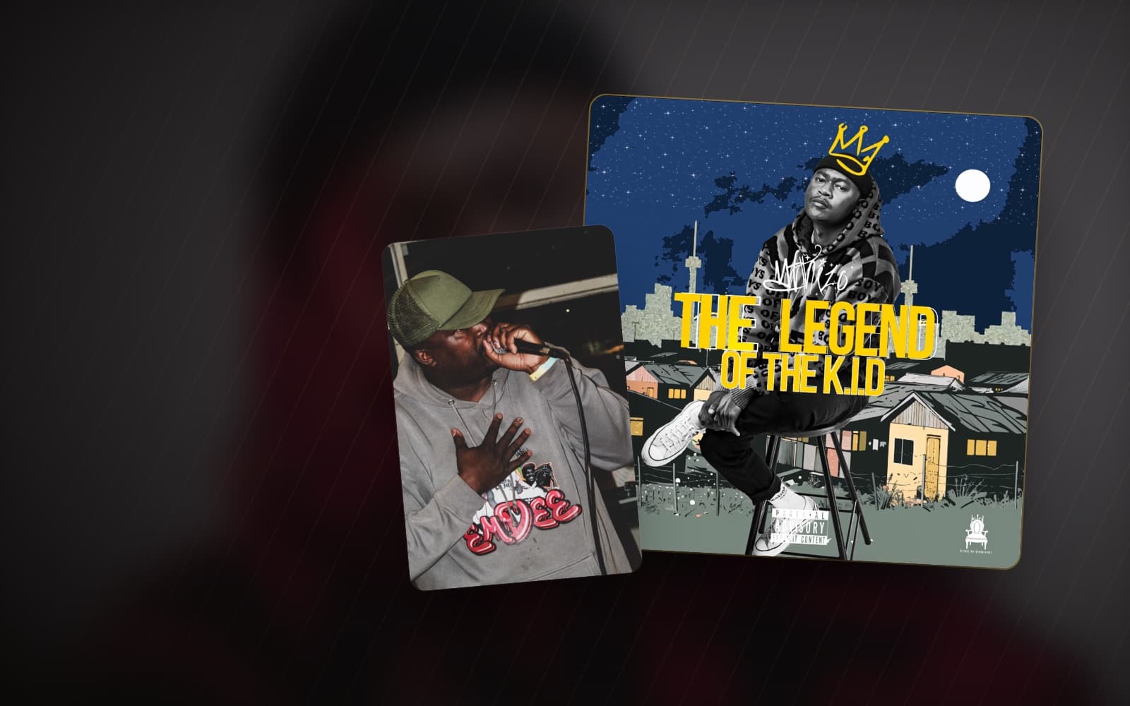 The cover of Mthizo's album The Legend of the K.I.D. beside a live photograph of a performer, on a dark background.